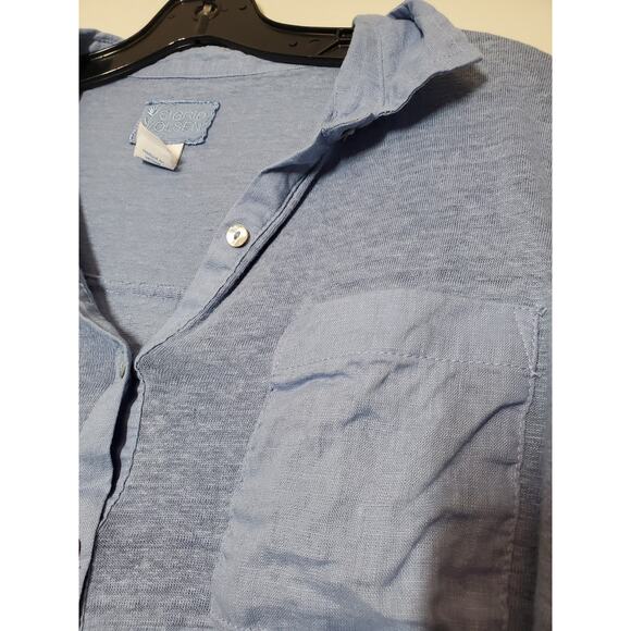 Sigrid Olsen Womens Medium 100% Linen Top Button Down Boxy Blue Slub Knit - Picture 3 of 9